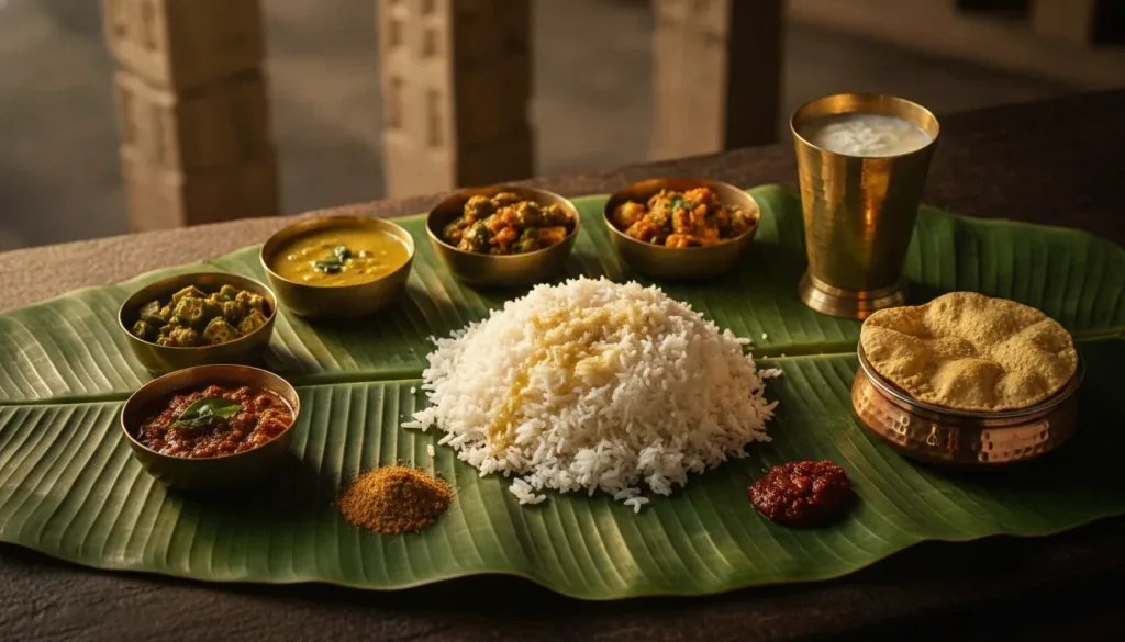 Pure Veg Andhra Meals in Bangalore served on a banana leaf with rice, ghee, pappu, pachadi and pickle
