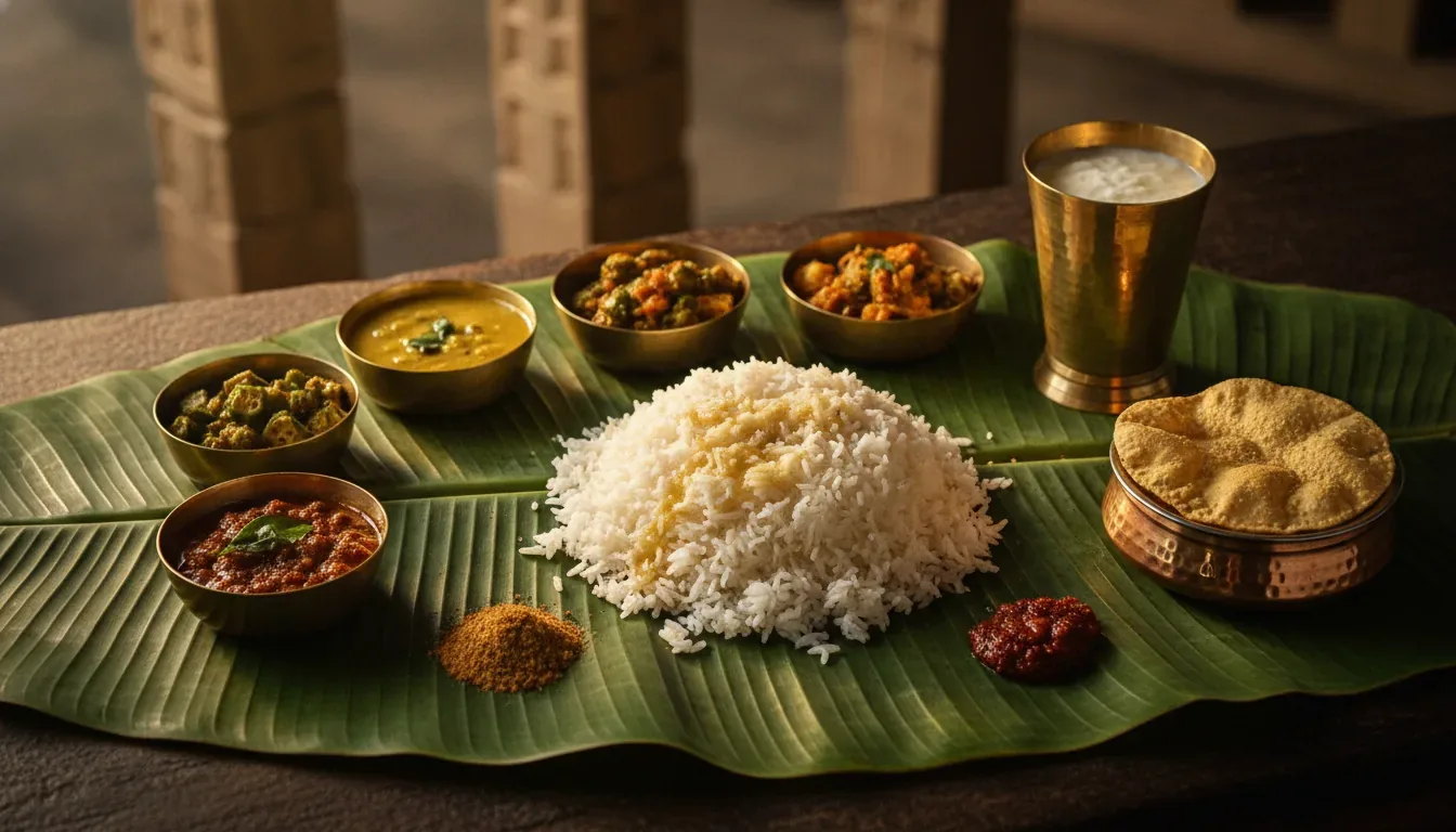Pure Veg Andhra Meals in Bangalore served on a banana leaf with rice, ghee, pappu, pachadi and pickle