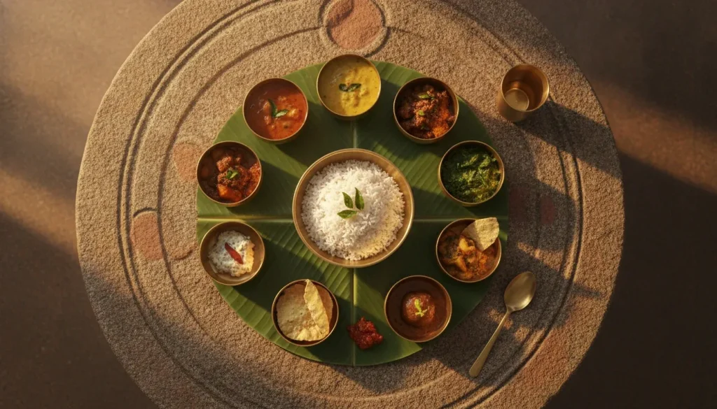 Pure veg restaurants in RR Nagar guide showing a vegetarian thali with rice, dal, curries and chutneys