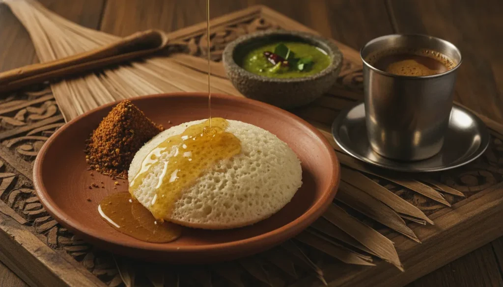 Breakfast Places in RR Nagar guide showing thatte idli, ghee podi dosa, pesarattu and filter coffee on a table